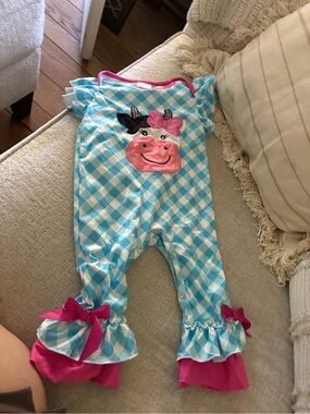 Beginning Boutique Blue Gingham One-Piece with Pink Cow Applique